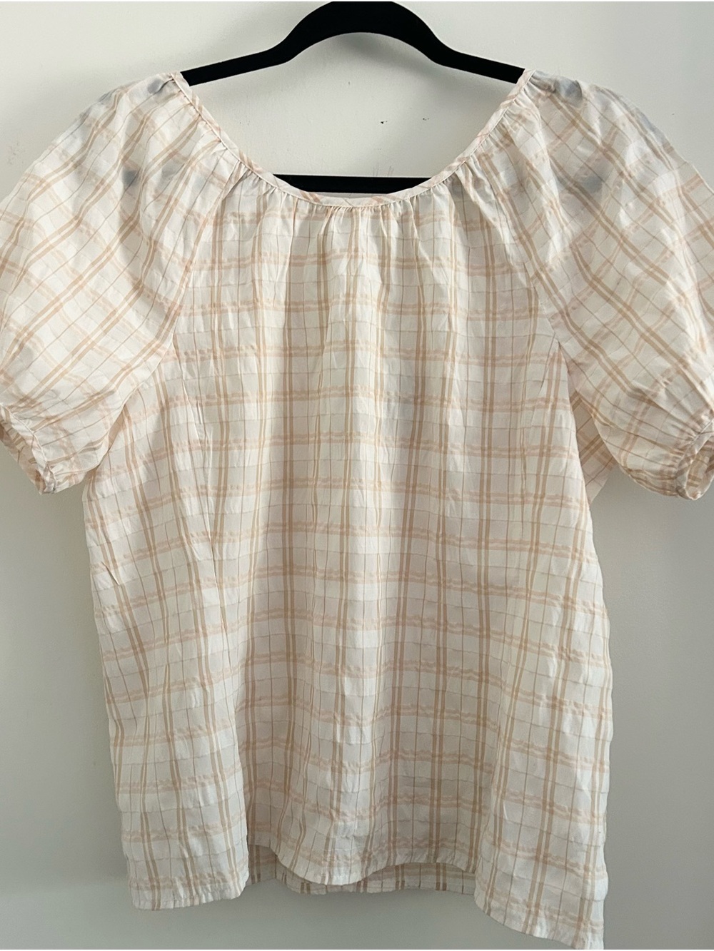 J. Crew Cream Plaid Puff-Sleeve Top
